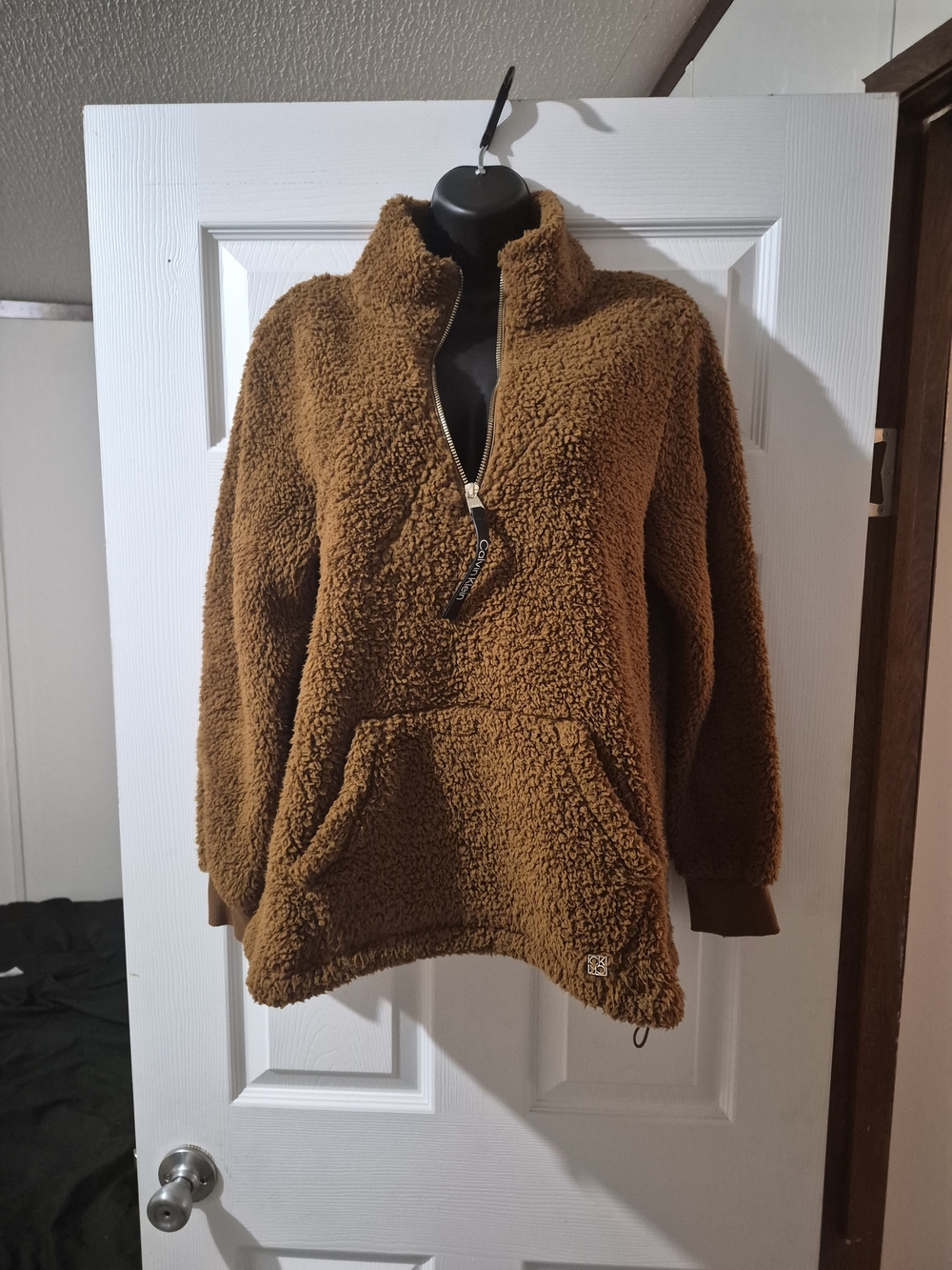 Calvin Klein Sherpa Mock Neck Quarter Zip Pullover Brown